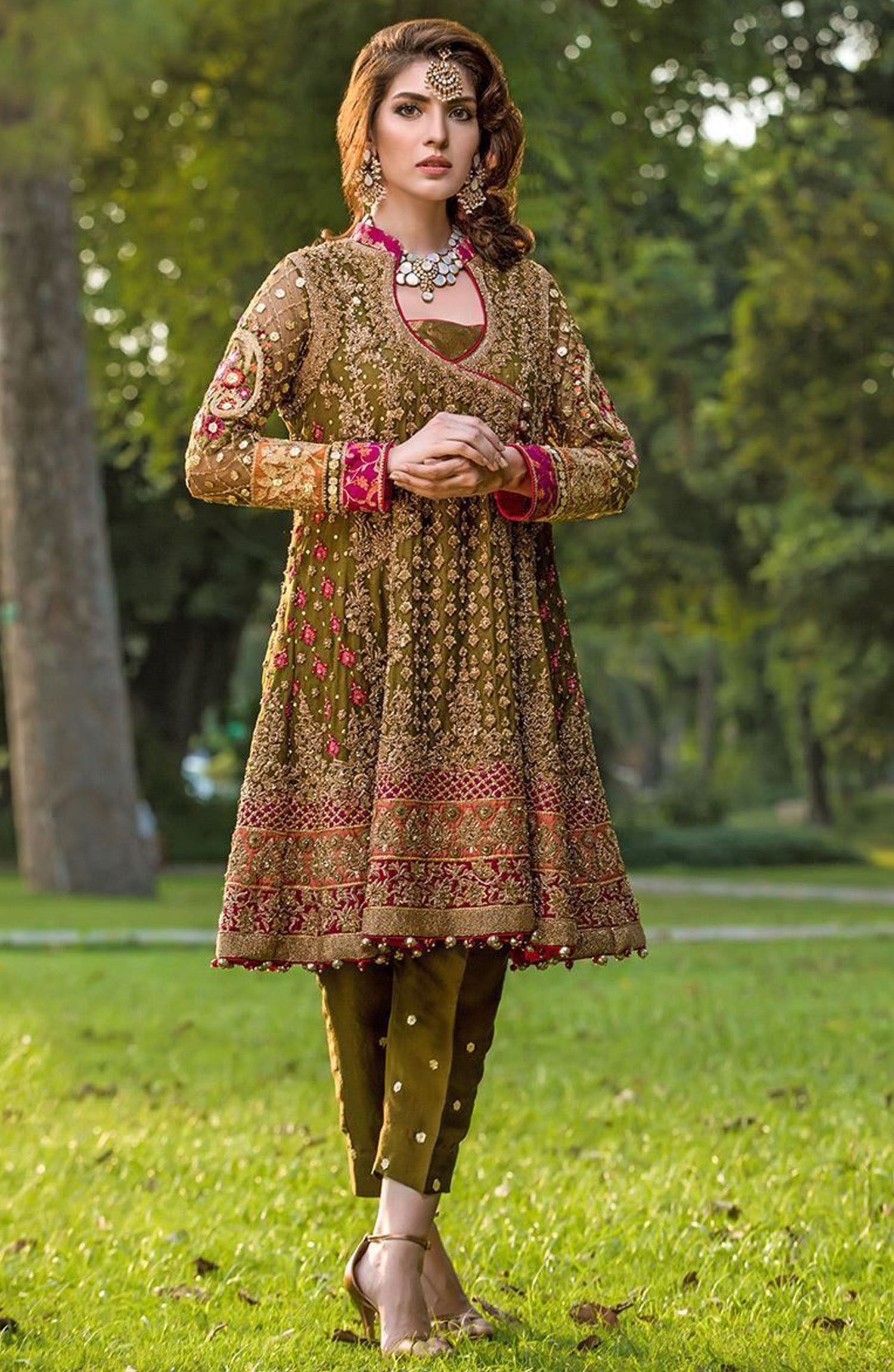 AISHA IMRAN Shirt: Chiffon Dupatta: Chiffon Trouser: Satin Silk
DETAILS: Front Full Embroidered With Sequence & Handwork 
Back Plain
Front & Back Embroidered Damans With Sequence Work 
Sleeves Embroidered With Sequence Work  2 Embroidered Cuff
Dupatta Embroidered With 4 Side Embroidered Border
Embroidered Trouser 