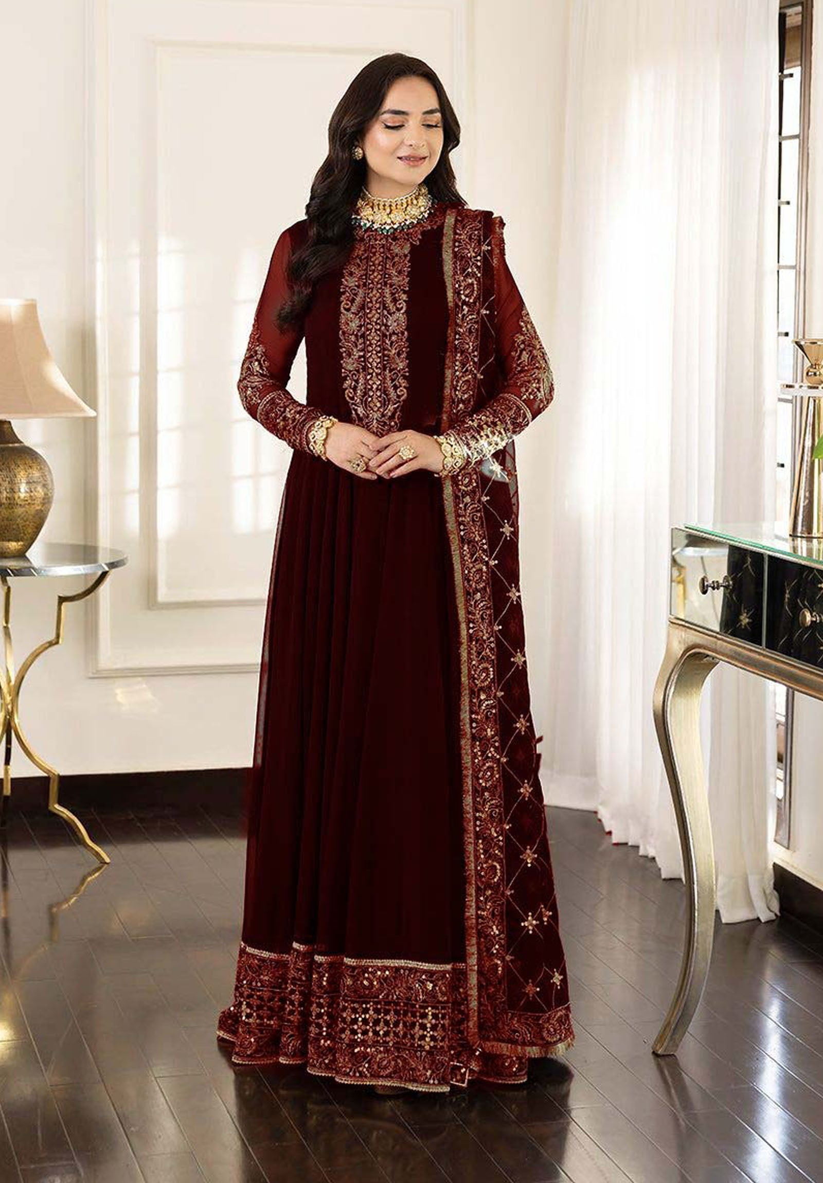 ASIM JOFA
FABRIC
CHIFFON frock With SATIN SILK Trouser 
DETAILS 
Front Body Embroidered With Sequence 
Back Body Embroidered With Sequence 
Sleeves Embroidered With Sequence 
Plain Front & Back With Heavy Embroidered Daman
Dupatta Full Embroidered With 4 Side Embroidered Border With Kiran Lace Attached 
Plain Trouser 
