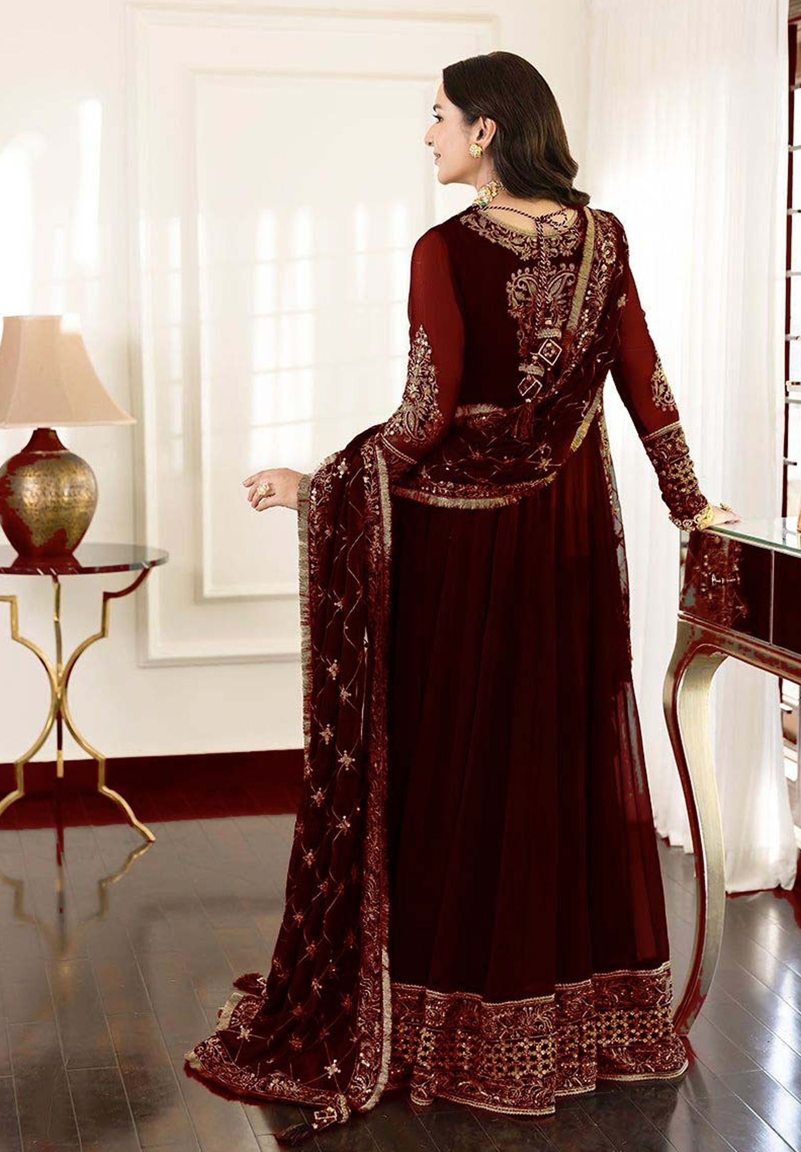 ASIM JOFA
FABRIC
CHIFFON frock With SATIN SILK Trouser 
DETAILS 
Front Body Embroidered With Sequence 
Back Body Embroidered With Sequence 
Sleeves Embroidered With Sequence 
Plain Front & Back With Heavy Embroidered Daman
Dupatta Full Embroidered With 4 Side Embroidered Border With Kiran Lace Attached 
Plain Trouser 
