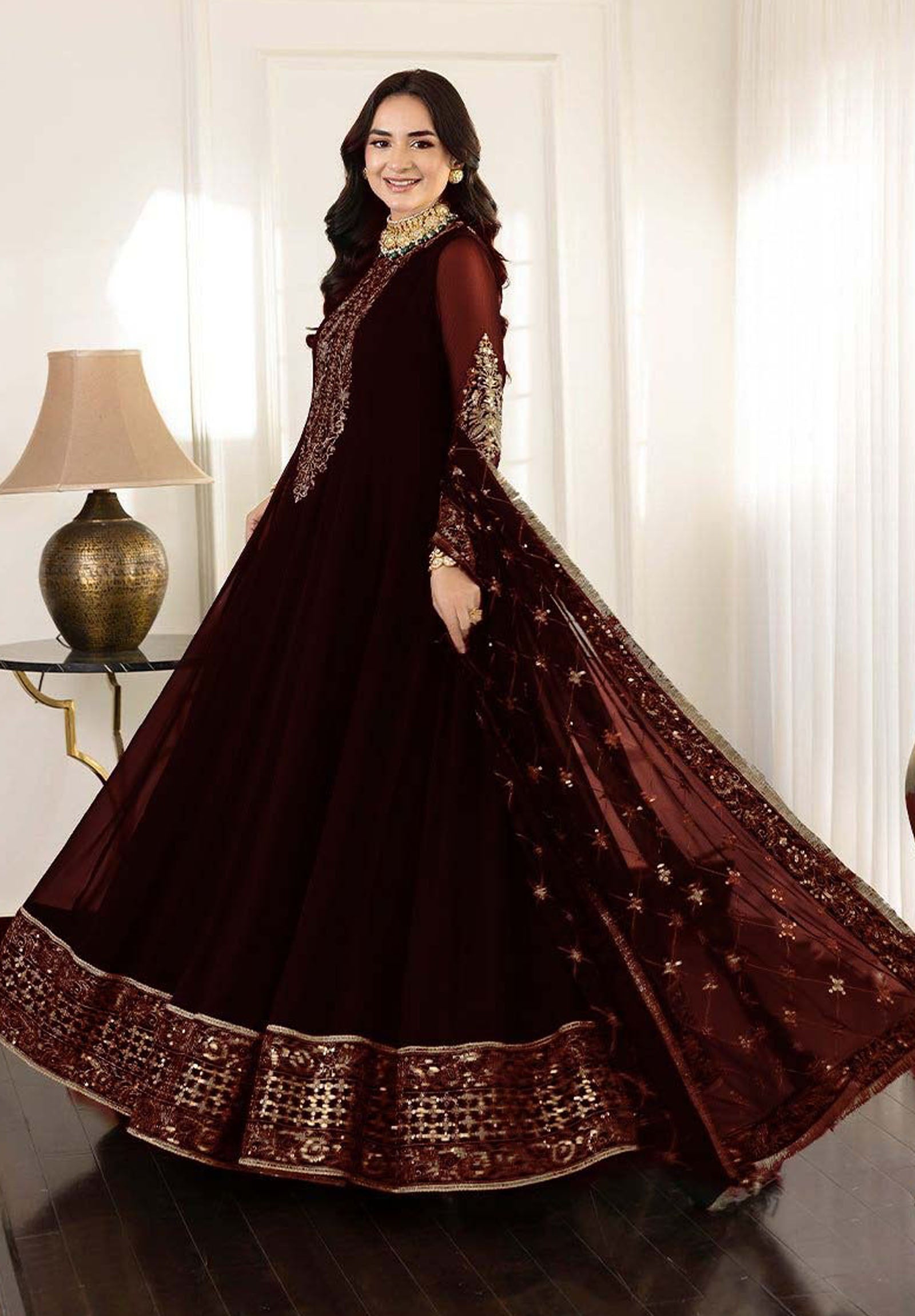 ASIM JOFA
FABRIC
CHIFFON frock With SATIN SILK Trouser 
DETAILS 
Front Body Embroidered With Sequence 
Back Body Embroidered With Sequence 
Sleeves Embroidered With Sequence 
Plain Front & Back With Heavy Embroidered Daman
Dupatta Full Embroidered With 4 Side Embroidered Border With Kiran Lace Attached 
Plain Trouser 
