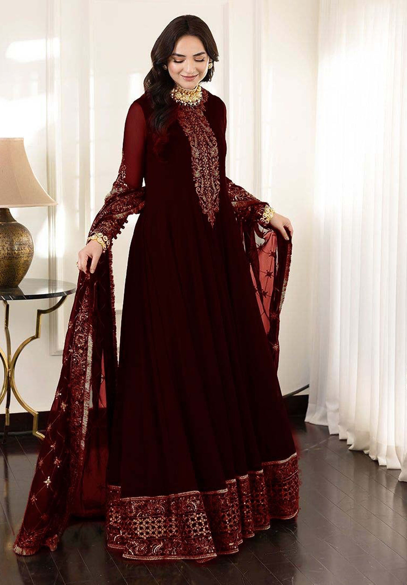 ASIM JOFA
FABRIC
CHIFFON frock With SATIN SILK Trouser 
DETAILS 
Front Body Embroidered With Sequence 
Back Body Embroidered With Sequence 
Sleeves Embroidered With Sequence 
Plain Front & Back With Heavy Embroidered Daman
Dupatta Full Embroidered With 4 Side Embroidered Border With Kiran Lace Attached 
Plain Trouser 
