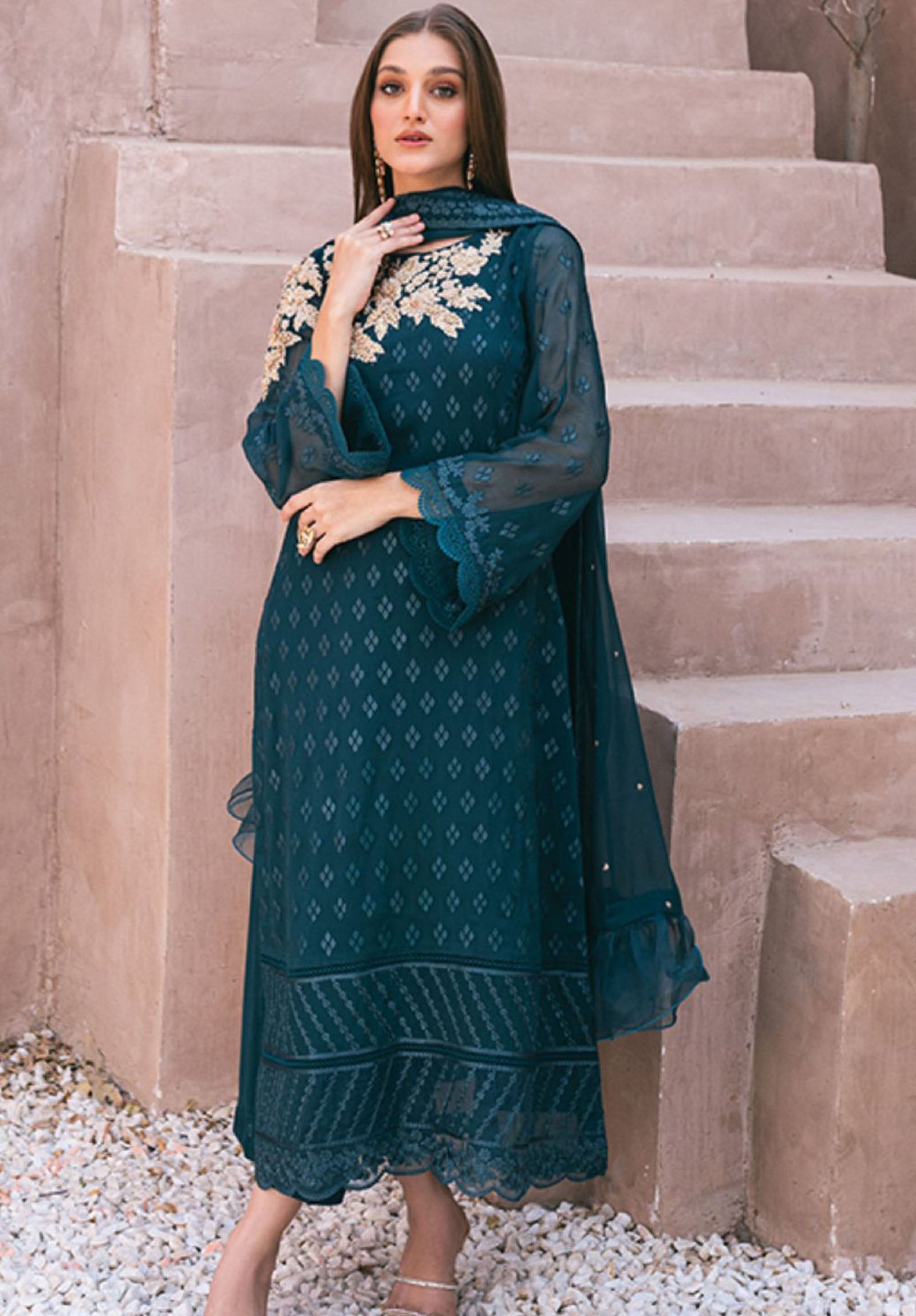 AZURE FABRIC CHIFFON Suit With MALAI Trouser CHIFFON Embroidery dupatta 
Neck embroidered
Daman embroidered
Sleeves embroidered
Back embroidered
WORK ADDA WORK
