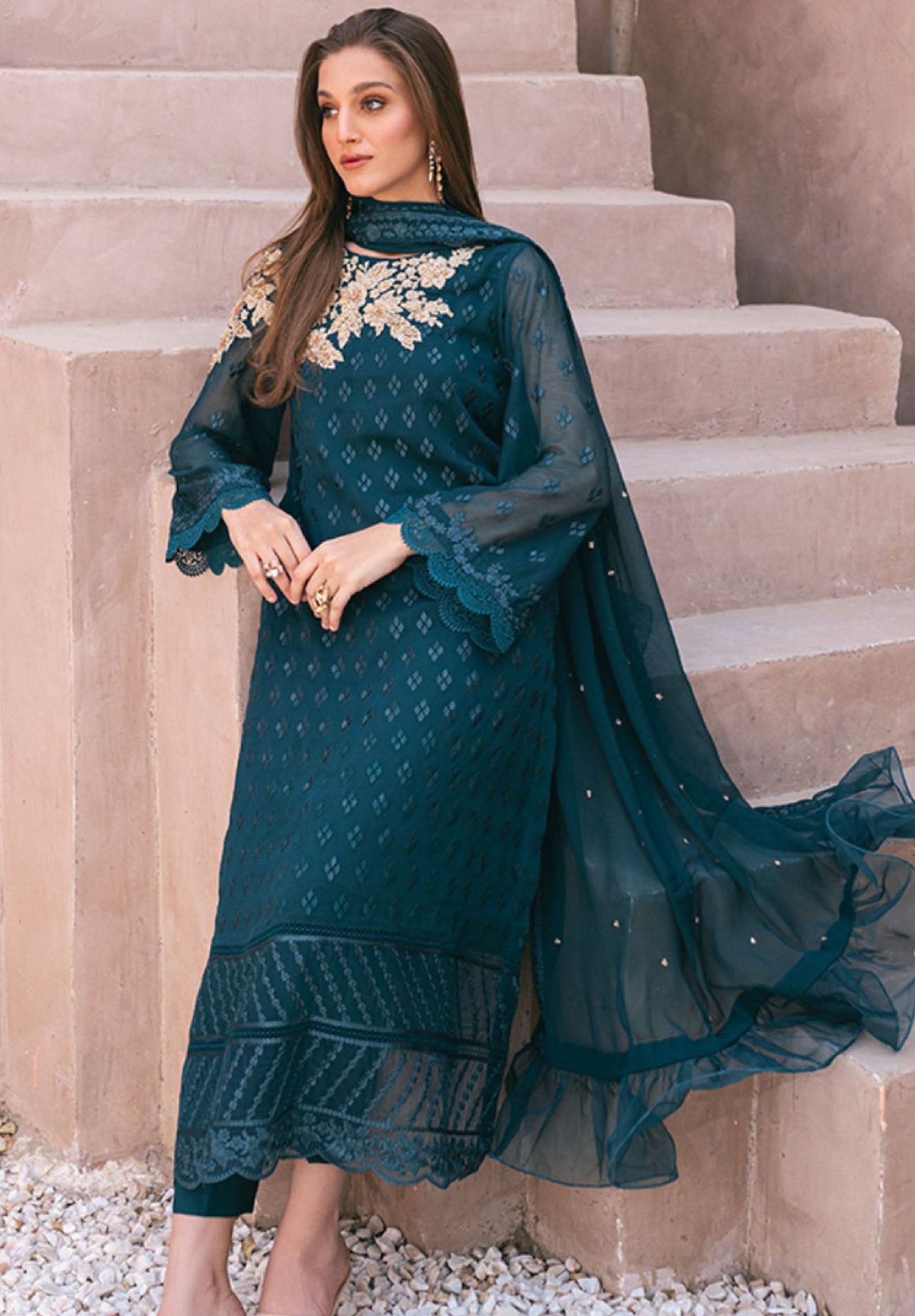 AZURE FABRIC CHIFFON Suit With MALAI Trouser CHIFFON Embroidery dupatta 
Neck embroidered
Daman embroidered
Sleeves embroidered
Back embroidered
WORK ADDA WORK
