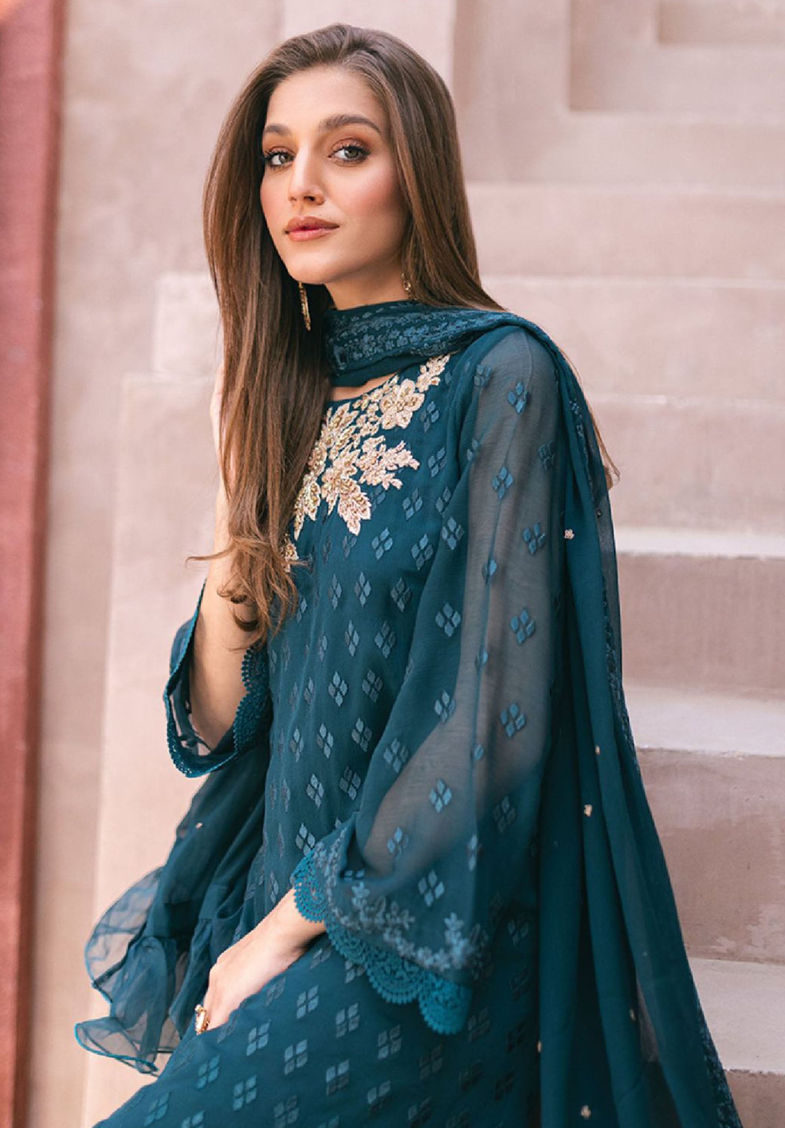 AZURE FABRIC CHIFFON Suit With MALAI Trouser CHIFFON Embroidery dupatta 
Neck embroidered
Daman embroidered
Sleeves embroidered
Back embroidered
WORK ADDA WORK
