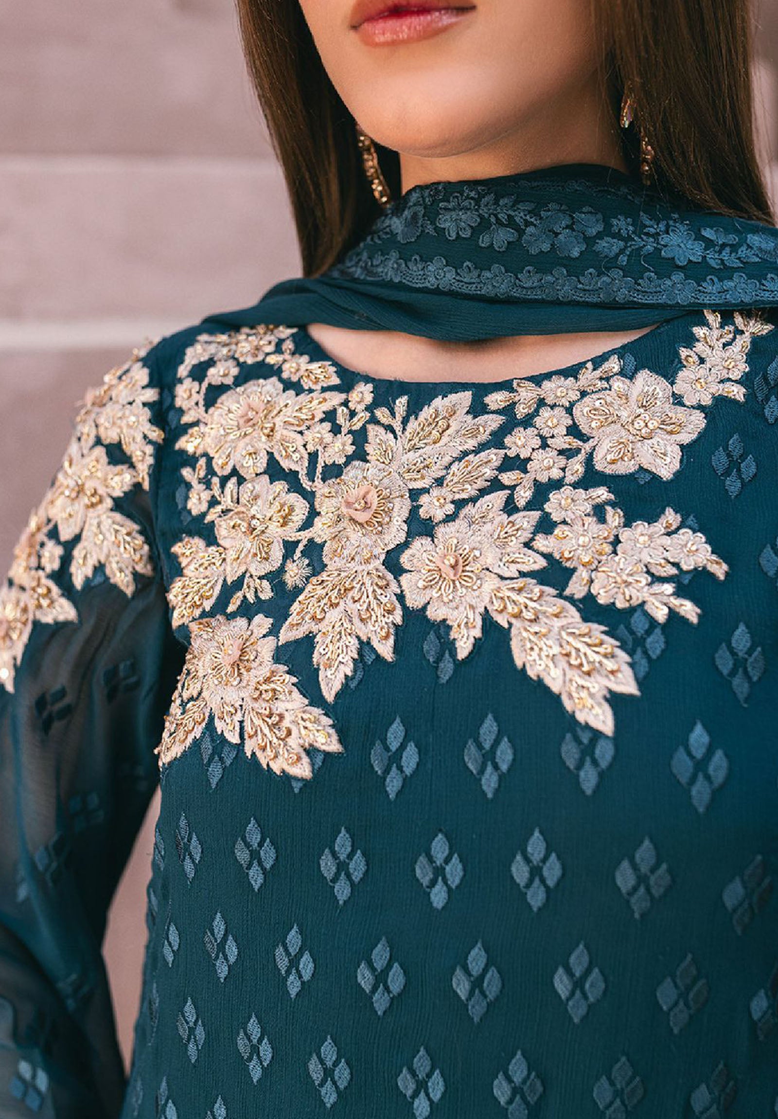 AZURE FABRIC CHIFFON Suit With MALAI Trouser CHIFFON Embroidery dupatta 
Neck embroidered
Daman embroidered
Sleeves embroidered
Back embroidered
WORK ADDA WORK
