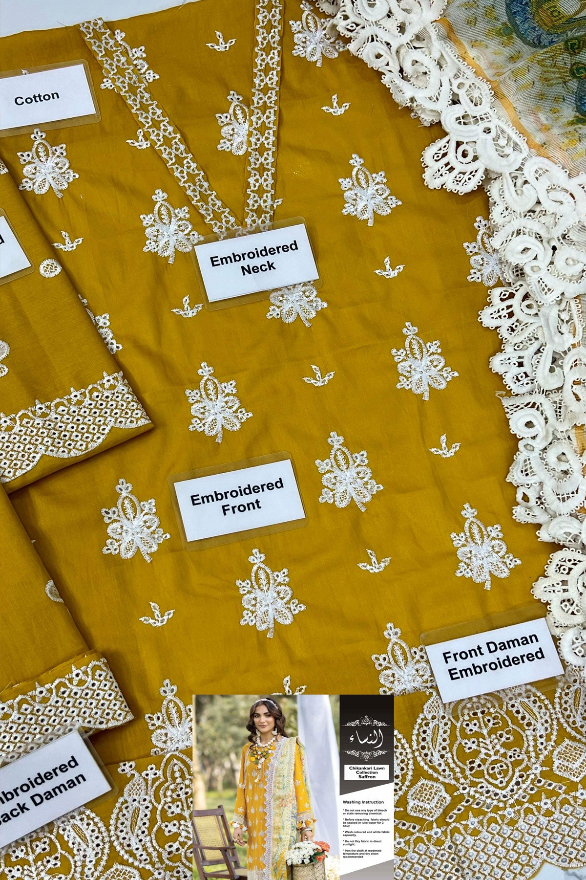 Adan Libas Mustard Saffron

Fabric Details : Cotton &amp; Woven Net☆

Chikankari Embroidered Front&nbsp;
Embroidered Back
Embroidered Neckline
Embroidered Sleeves
Front Chikan Kari Daman Embroidered Patch
Embroidered Back Daman
Digital Woven Net Printed Dupatta With 4 Sided Laced
Dyed Trouser