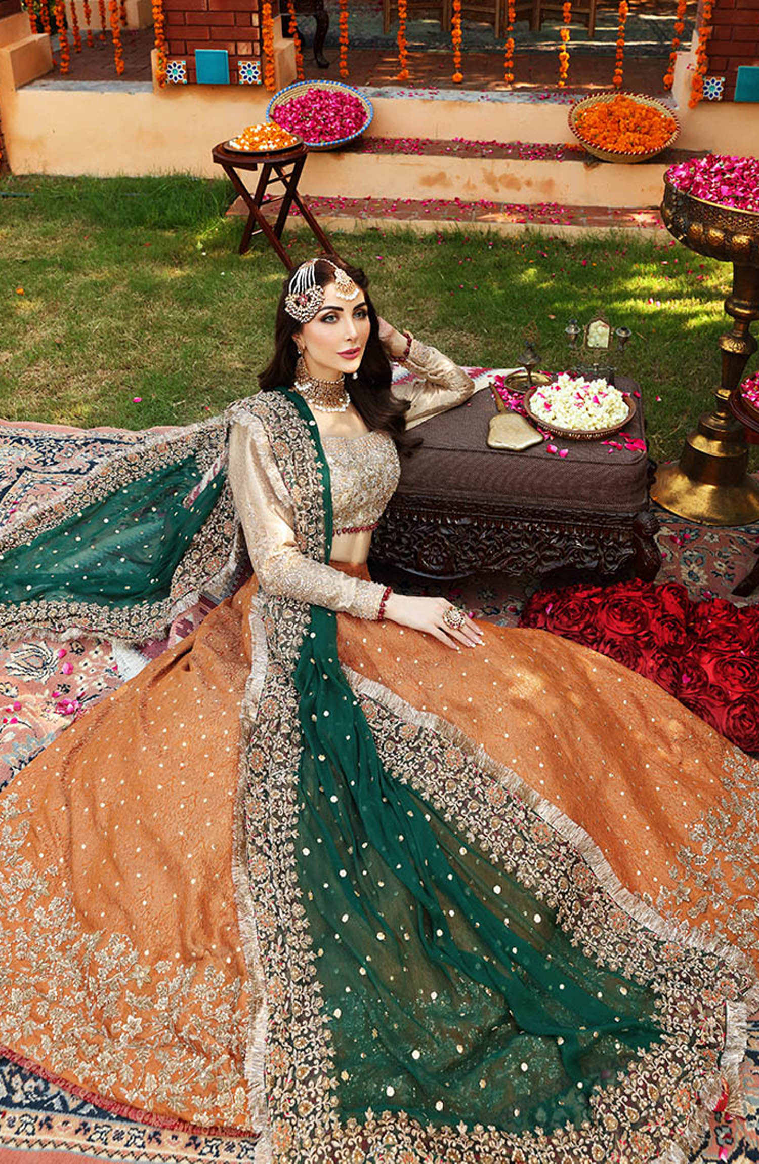 Ayesha Imran bridal maxi Fabric overview Complete net frock with Silk  trouser
Embroidery Details
Heavy Front Mehsori fabric Embroidered  body with  hand work adda work 
Back body plan 
Front fully embroidery having Sequence work on it {as original pattern} with work hand work And lace.. 
Back fully embroidery having Sequence work on it {as original pattern} 
Sleeves embroidery on mehsori fabric slightly Sequence work on it with hand work & tassels..
Silk  Trouser
Heavy sequence net embroidery  dupatta 4 si