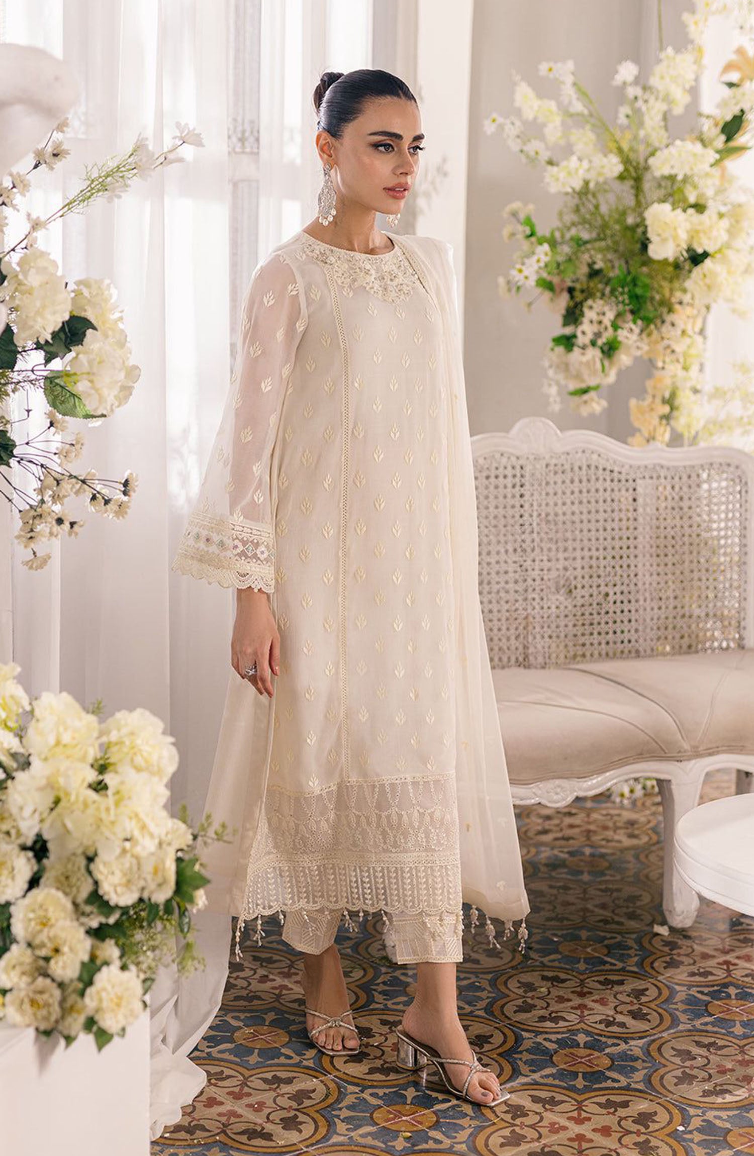 Discover the elegance of the Azure Chiffon Collection, featuring embroidered chiffon suits with a hand-embellished organza neck  embroidered patch as perfect for any special occasion, these dresses come with a stunning embroidered chiffon dupatta, a beautifully designed embroidered front daman border on embroidered organza, and a plain quality malai trouser for ultimate wear of comfort. Embrace the perfect blend of style and tradition with our chiffon embroidered dresses, crafted to add a touch of sophistic