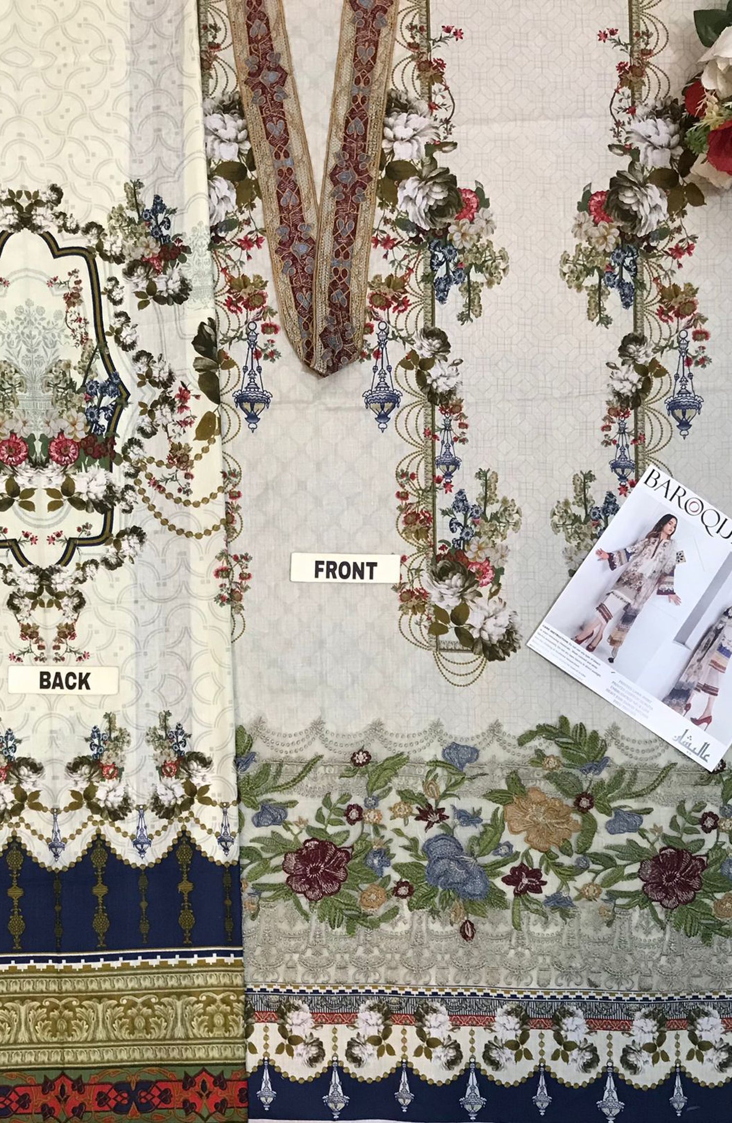 BAROQUE UNSTITCHED 3 PIECE SUIT
Description:
Fabric
Lawn & chiffon
Color
Cream
Details
Digital printed pure lawn 90/70 front
Digital printed pure 90/70 lawn back & sleeves
Embroidered neckline
Embroidered heavy front daman bunch