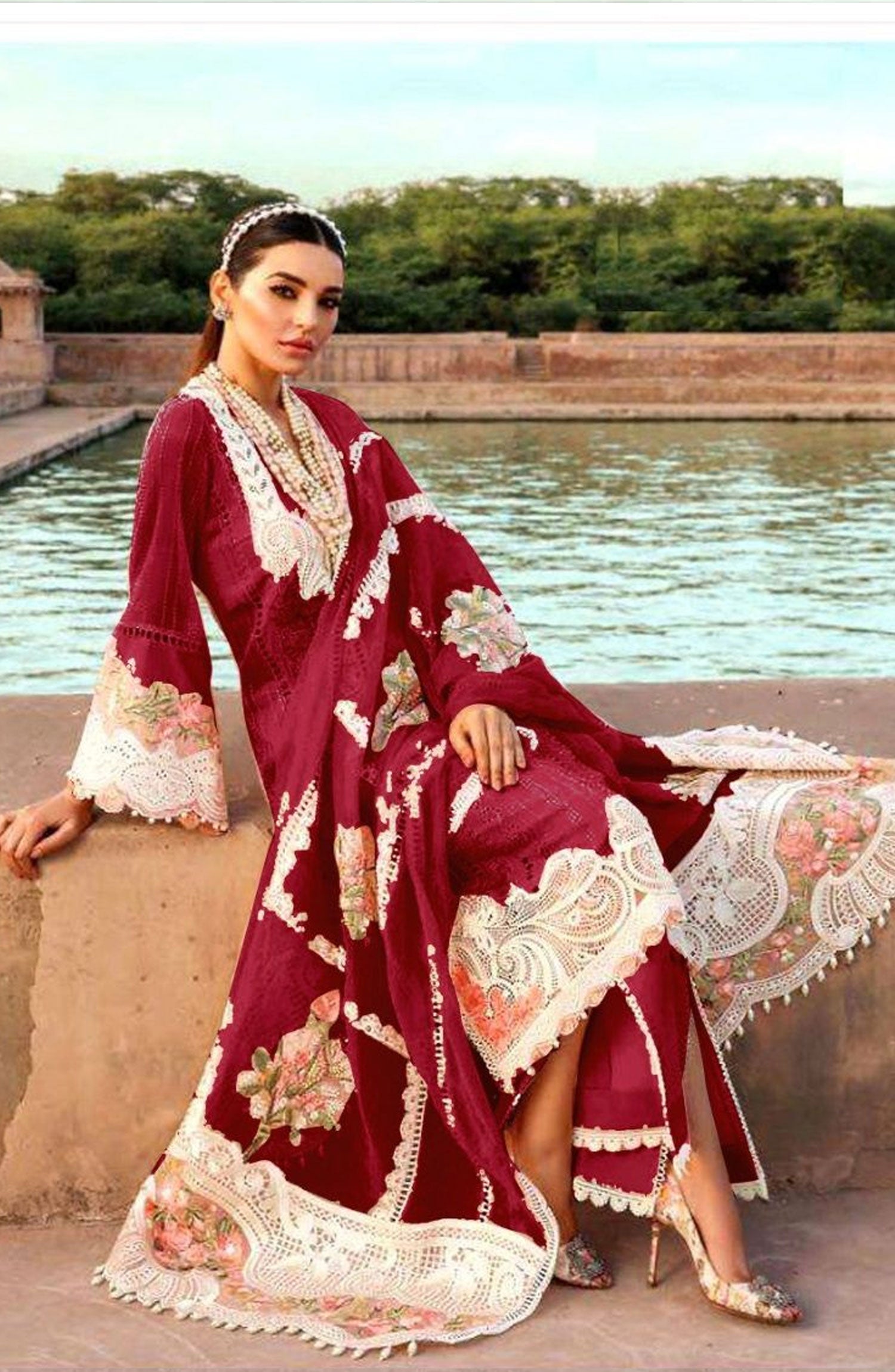 Crimson luxury lawn collection
lawn fully heavy spiffily embroidered front with fully  heavy embroidered neck with fully heavy embroidered light & left daman embroidered boarder with embroidered chalk Patti
plain lawn back with heavy embroidered back daman boarder
lawn fully heavy spiffily embroidered sleeves with heavy embroidered sleeves boarder
organza fully heavy embroidered dupatta with 4 side embroidered lace attachment with 2 side fully heavy embroidered palls & attachment
dyed cambric trouser with e