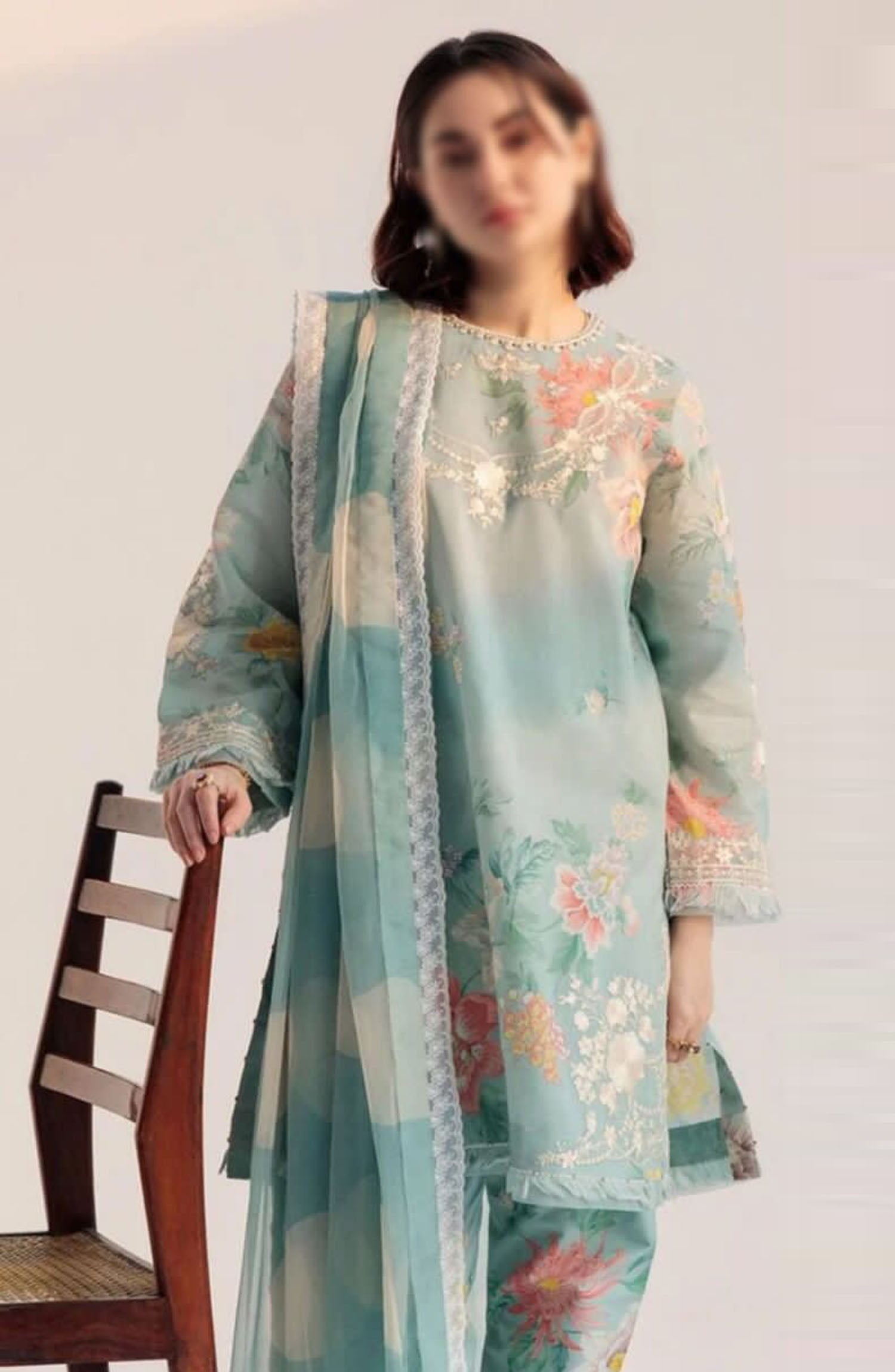 printed lawn front with fully heavy embroidered spangle work neckline with heavy embroidered spangle work daman boarder
printed lawn back
printed lawn sleeves with heavy embroidered spangle work sleeves boarder
chiffon printed dupatta
printed cambric trouser