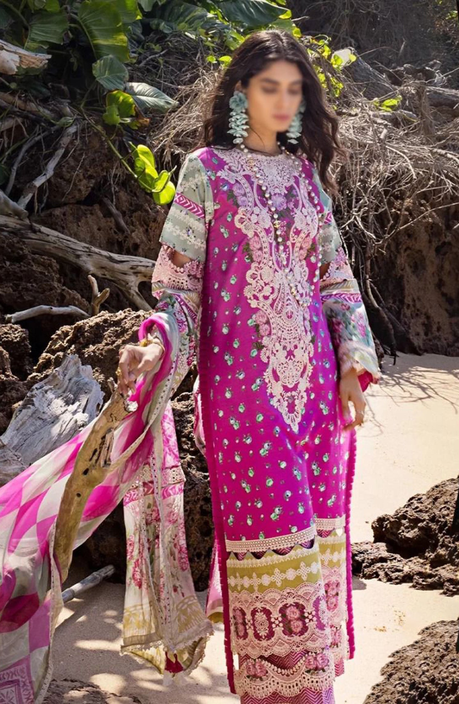 printed lawn front with fully heavy embroidered spangle work neckline with heavy embroidered spangle work daman boarder
printed lawn back
printed lawn sleeves with heavy embroidered spangle work sleeves boarder
chiffon printed dupatta
printed cambric trouser