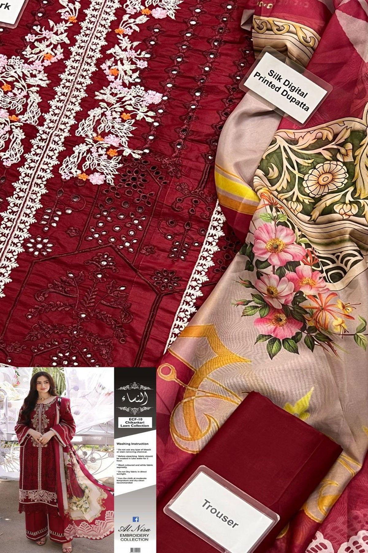 Elaf Chikan kari Fabric Details : Cotton & Silk☆
Heavy Embroidered Chikankari Cotton Front Embroidered Daman Front  Chikankari Embroidered Back Cotton Embroidered Sleeves Digital Printed Silk Dupatta Dyed Cotton Trouser