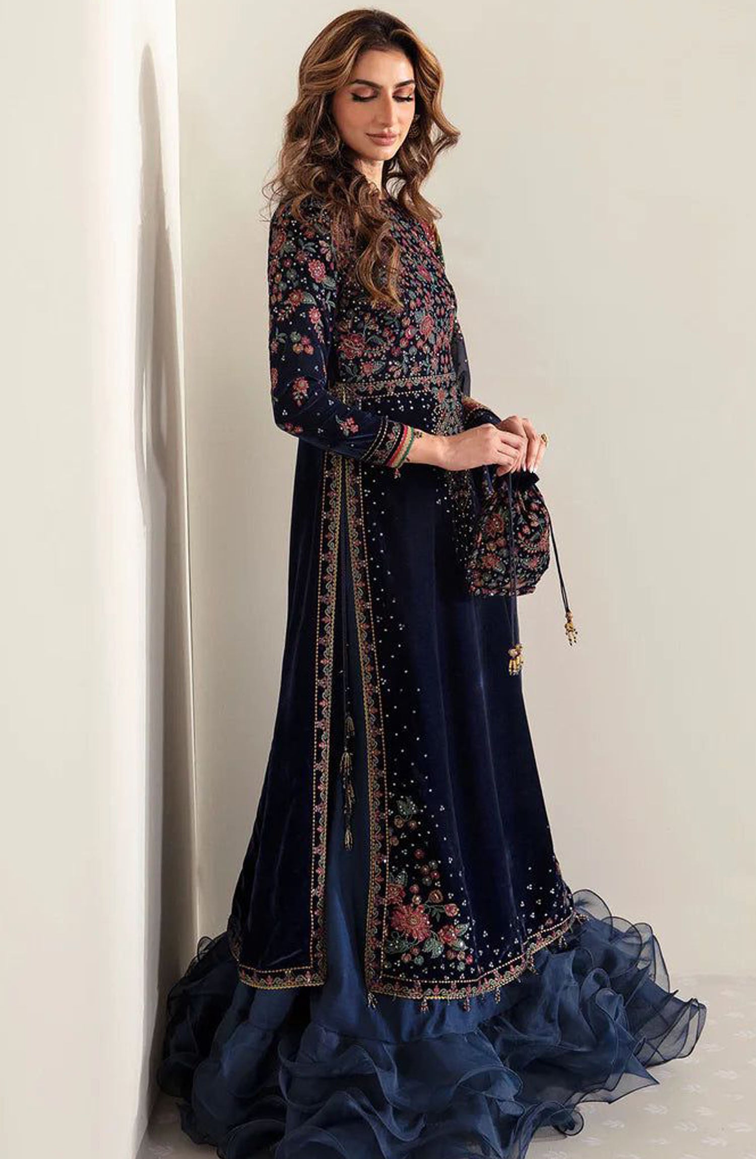 Jazmine

Fabric Details

(Shirt……Velvet&nbsp;
(Dupatta)…Chiffon
(Trouser)……….. Silk

Front Full Embroidered with Embroidered Daman &

Back Plain With Embroidered banch

Sleeves Embroidered&nbsp;

Dupatta Embroidered With Four Side Embroidered Lace &amp; gota lace Attach

silk Trouser Plain
#VelvetDress #ChiffonDupatta #EmbroideredVelvetSuit #PakistaniFormalDress
#DesignerVelvetSuit #VelvetEmbroideredShirt #PakistaniChiffonDupatta #SilkTrouser
#PakistaniPartyWear #EmbroideredDupatta #DesignerDressPakistan #W