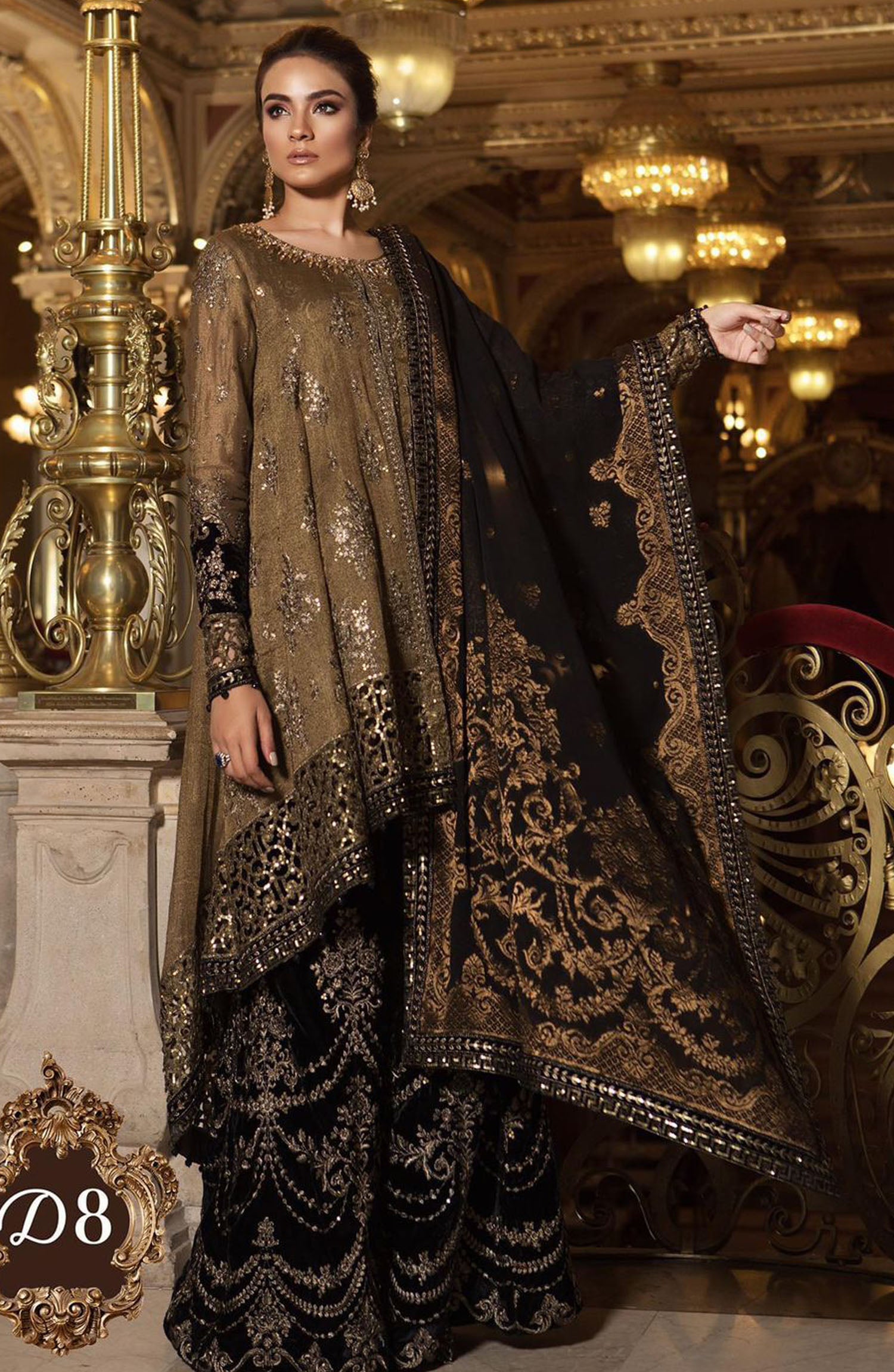 MARIA B Front Organza embroidered with 2 type embroidered daman border with cut work with fully Adah hand work neck 
Back Organza embroidered spangle work with 2 type embroidered spangle Daman border with cut work  Sleeves Organza embroidered  sleeves with 2 type embroidered  border with cut work & 2 embroidered bunches 
Dupatta chiffon heavy embroidered  with 2 side embroidered spangle work pallo on peace with 4 side embroidered lace attach 
Garrara Silk heavy embroidered full length