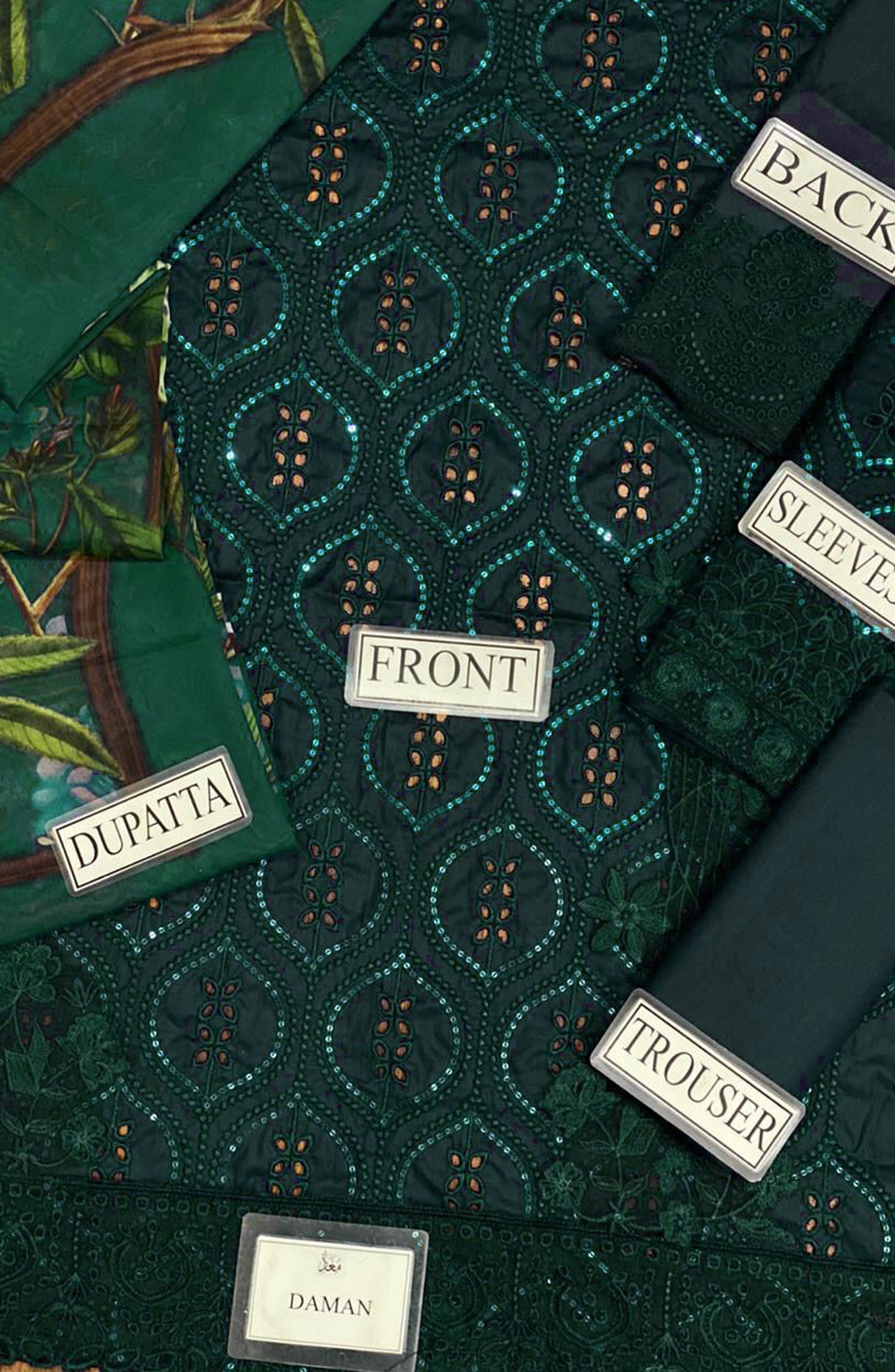 Chikankari & cambric
Color
Dark green
Details
Embroidered + sequence chikankari with chikankari daman patch
Sleeves: embroidered chikankari with patch
Back: plain dyed with daman patch
Dupatta: silk digital printed
Trouser: plain dyed 
Note:
Product color may vary due to photographic lighting or your device settings